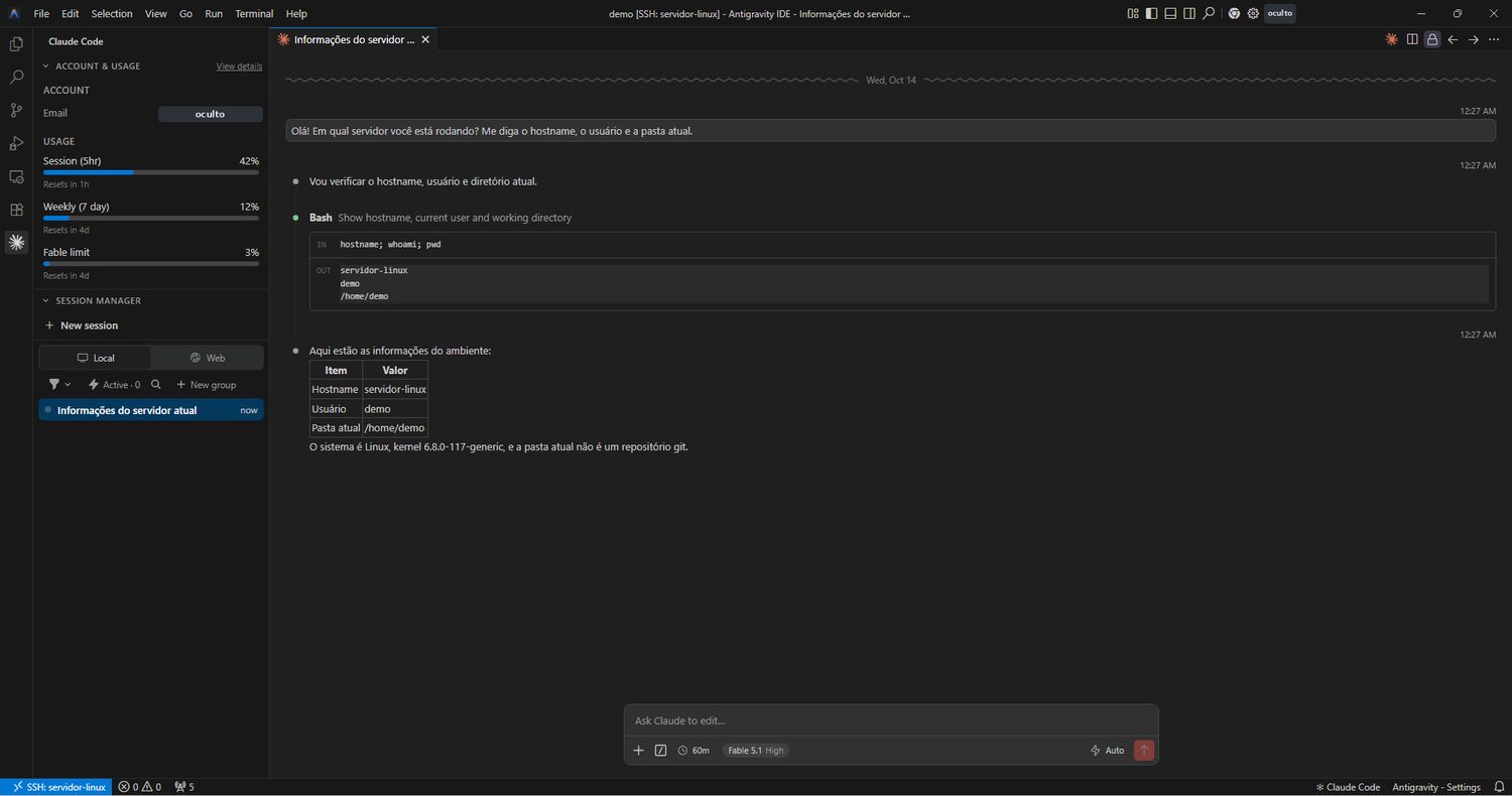 Antigravity IDE conectado por SSH ao servidor-linux, com o Claude Code respondendo hostname, usuário e pasta do servidor