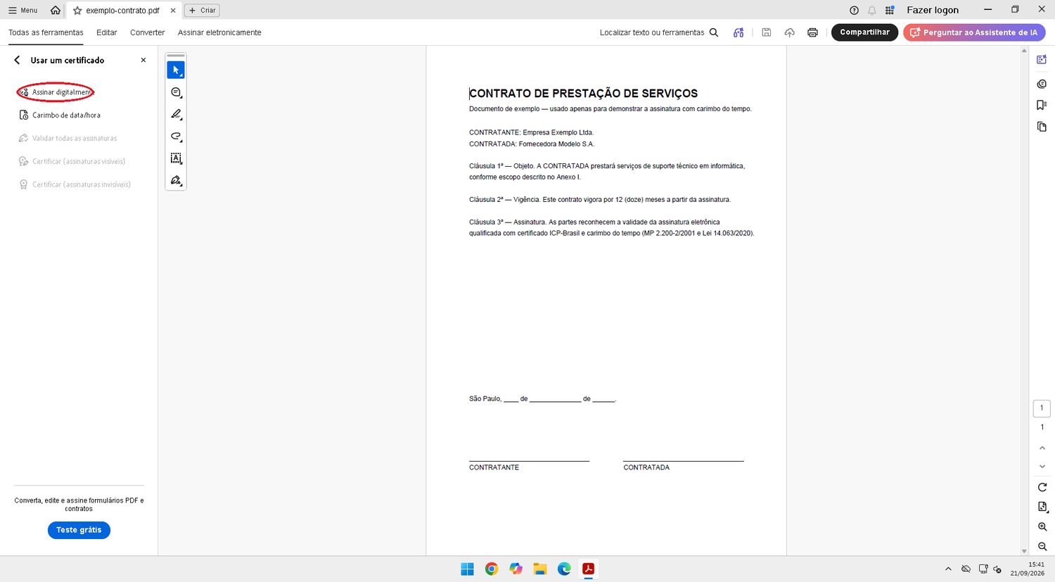 Clique em Assinar digitalmente e desenhe a área