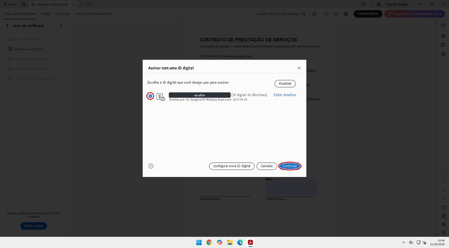 Escolha o certificado — ele já vem do Windows