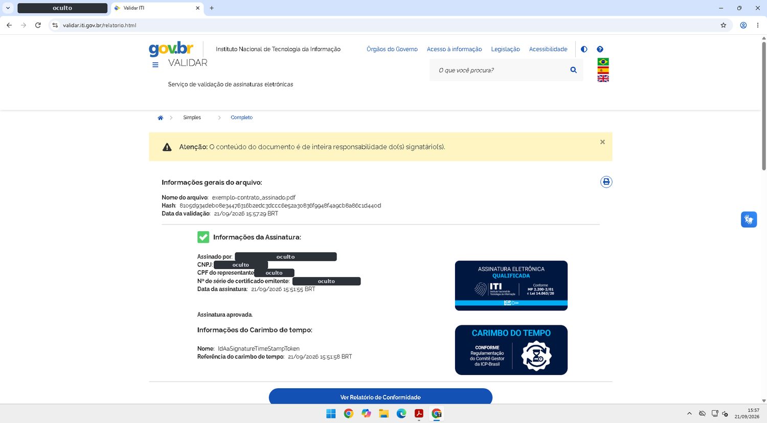 Resultado do validador do ITI com os selos Assinatura Eletrônica Qualificada e Carimbo do Tempo