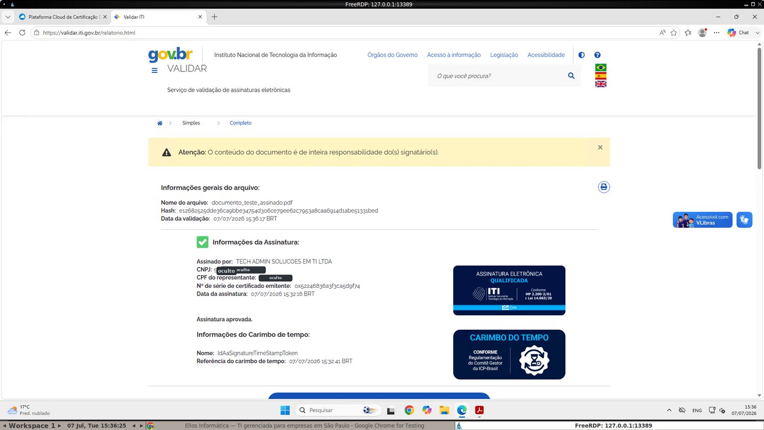 Validação no ITI: assinatura aprovada, qualificada e com carimbo do tempo ICP-Brasil