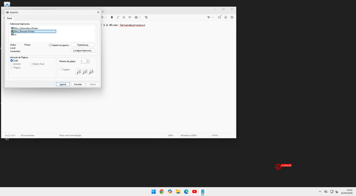 Caixa de diálogo Imprimir aberta sobre o Bloco de notas, com o marcador vermelho CURSOR desenhado pela própria ferramenta de captura no canto inferior direito