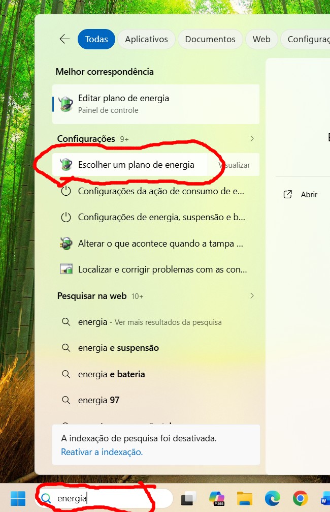 Busca do Windows com &ldquo;energia&rdquo; e a opção &ldquo;Escolher um plano de energia&rdquo; destacada