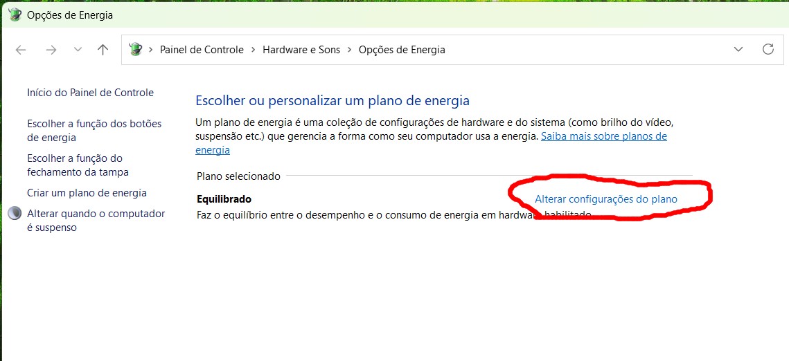 Painel &ldquo;Escolher ou personalizar um plano de energia&rdquo; com o link &ldquo;Alterar configurações do plano&rdquo; destacado
