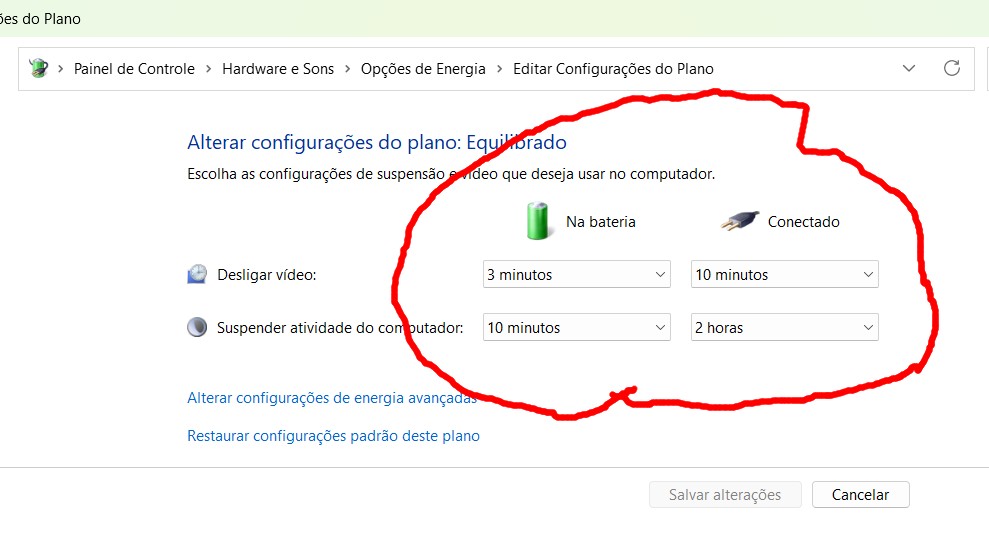 Tela de configurações do plano de energia