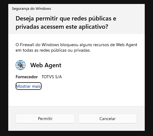 Aviso do Firewall do Windows pedindo para permitir o Web Agent
