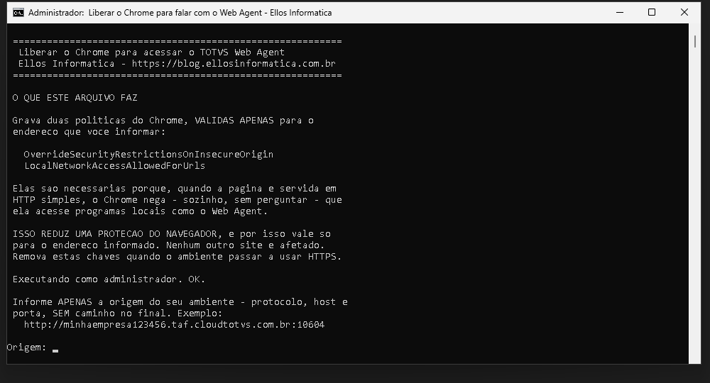 O script executando como administrador e pedindo a origem