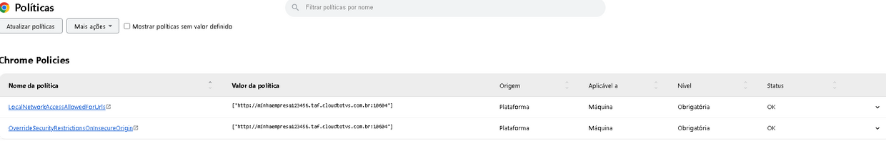 chrome://policy mostrando as duas políticas com status OK